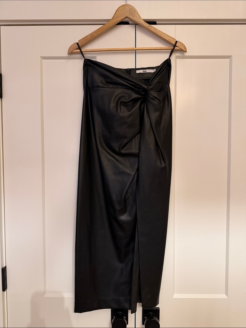 Leather Knot-Front Black Midi Skirt